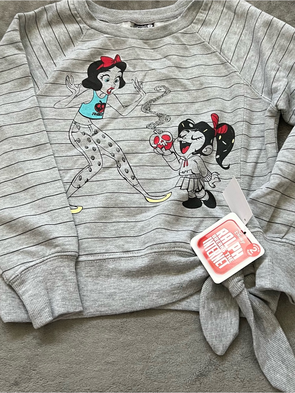 Disney Ralph Breaks the Internet Striped Heather Grey Cropped Sweatshirt w/ Tie